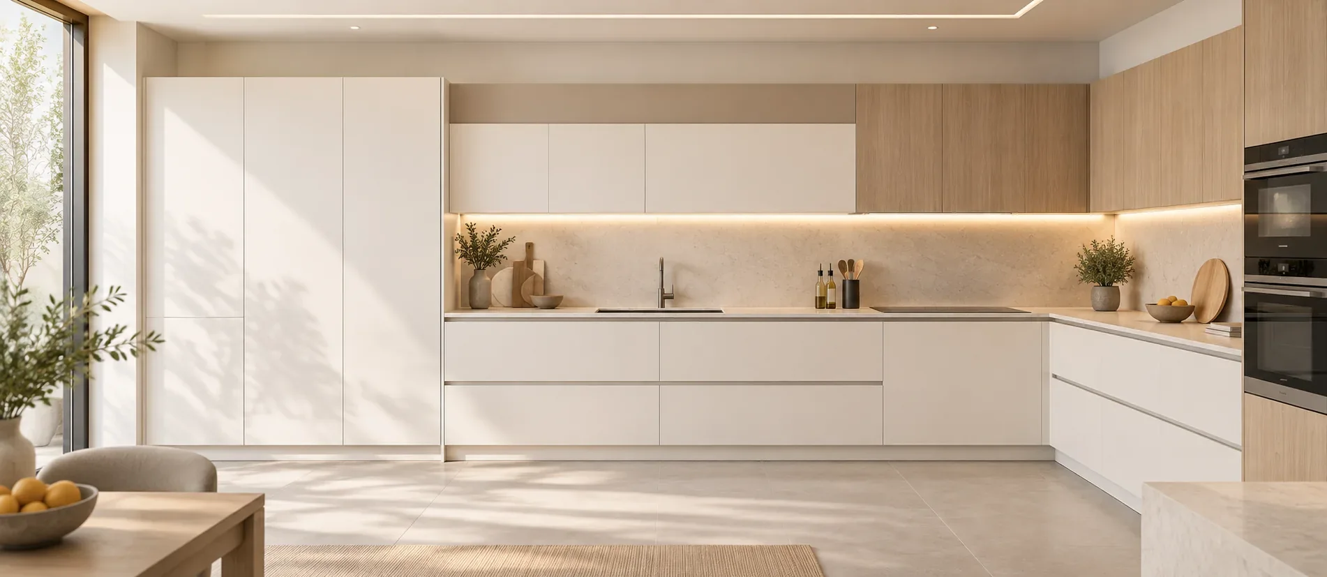 Cocina Hostek Cocinas con frentes blancos y madera, abierta a la luz natural
